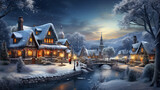 Winter Wonderland: A charming scene of a snow-covered village with twinkling lights, decorated Christmas trees, and a cozy cottage, creating a picturesque winter wonderland 
