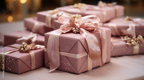 Presents and Ribbons: A close-up of beautifully wrapped gifts with elegant ribbons and bows, showcasing the art of gift presentation 
