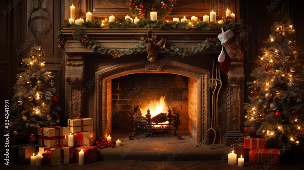 Christmas Fireplace: A roaring fireplace adorned with stockings and garlands, creating a cozy and inviting ambiance Christmas Fireplace: A roaring fireplace adorned with stockings and garlands, creating a cozy and inviting ambiance