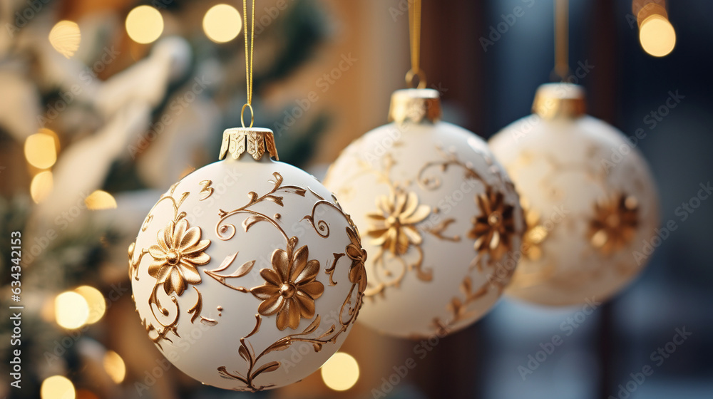 Elegant Ornaments: A close-up of beautifully designed Christmas ornaments, hanging from the tree, adding an elegant touch to the decor Elegant Ornaments: A close-up of beautifully designed Christmas ornaments, hanging from the tree, adding an elegant touch to the decor
