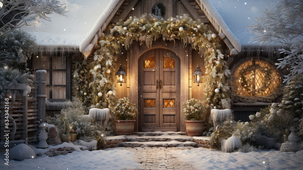 Snowy Cottage: A charming cottage covered in snow, with a wreath on the door, inviting you to imagine the coziness inside 