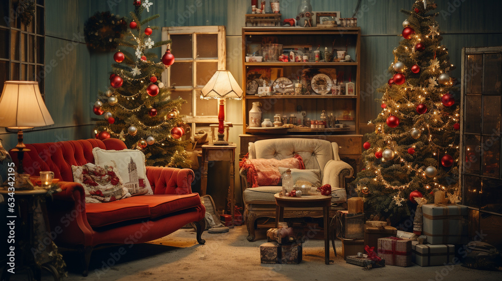 Retro Christmas: A nostalgic scene of a retro living room, adorned with vintage Christmas decorations and a classic tree 