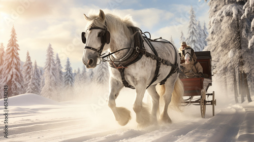Sleigh Ride: An image of a horse-drawn sleigh gliding through a snow-covered landscape, invoking the timeless charm of winter traditions 