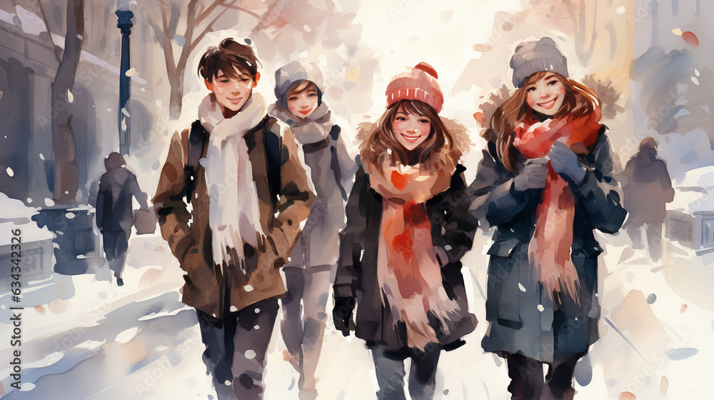 Warm Scarves: A group of friends or family members wearing warm scarves, braving the cold while enjoying a festive winter outing 