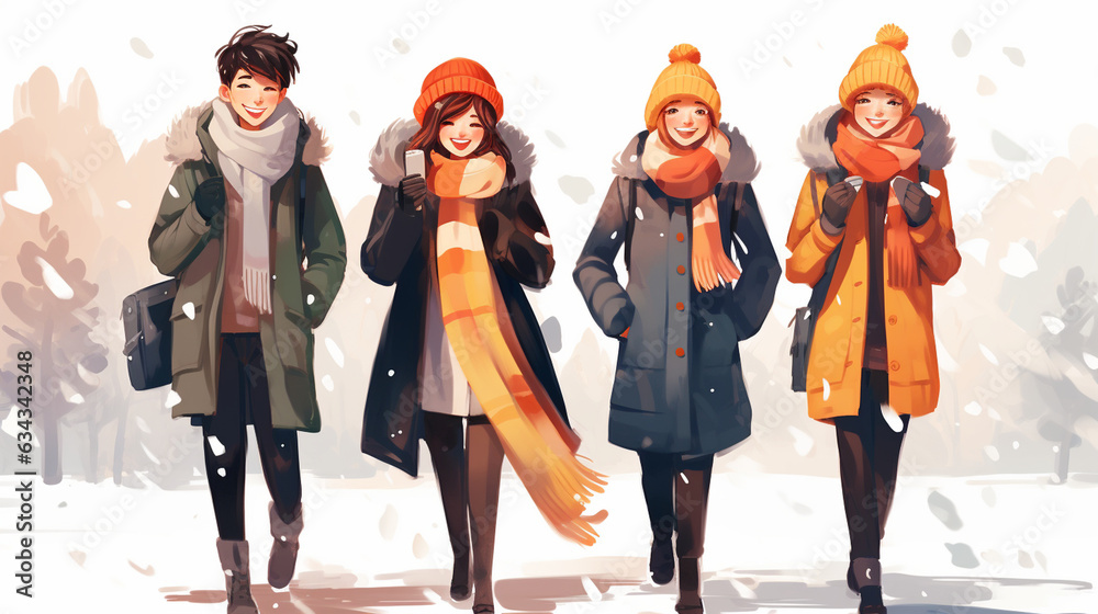 Warm Scarves: A group of friends or family members wearing warm scarves, braving the cold while enjoying a festive winter outing 