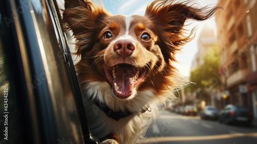 A jovial breed of dog that cheerfully sticks its head out of a car window. © OKAN