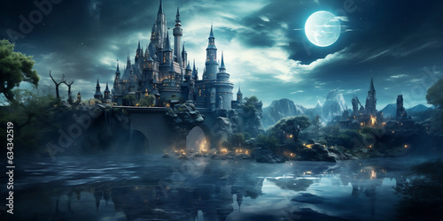 Mystical castles glowing under a starry night sky with a swamp in the foreground