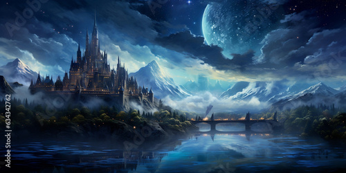 Majestic Castles Illuminating a Starry Night Sky Over a Enchanting Swamp