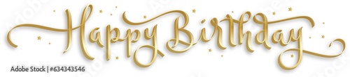 HAPPY BIRTHDAY metallic gold brush calligraphy banner with tiny stars on transparent background