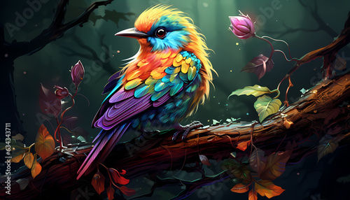A bird with colorful feathers is sitting on a branch © Planetz