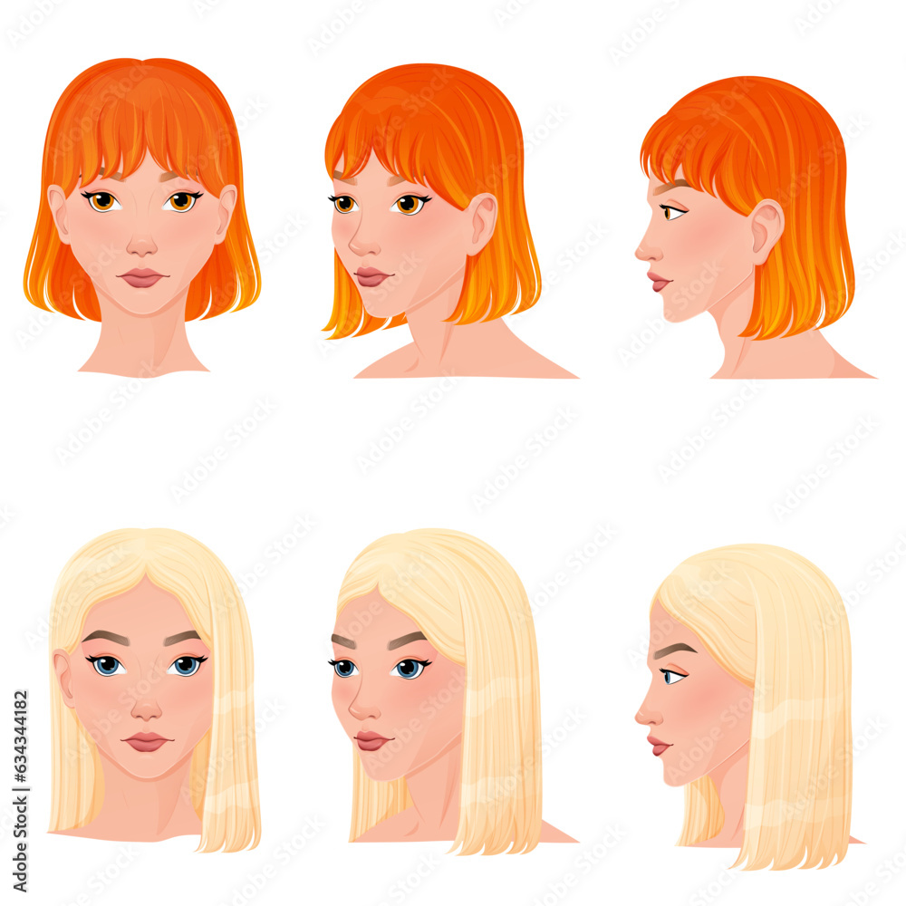 Set of hairstyles in three different angles. Different view front, profile, three-quarter of a girl face. Set of hairstyles in three different angles. Different view front, profile, three-quarter of a girl face.