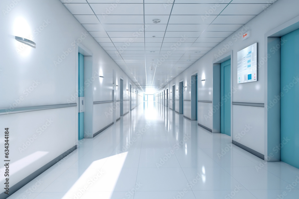 Hospital corridor, interior of modern hospital hallway, hygiene and hi-tech science lab, no people healthcare workplace background.