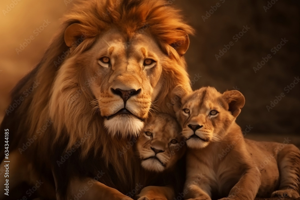 Lion and two lion cubs resting together in the evening, father and sons, protecting wildlife and biodiversity for a sustainable future concept.