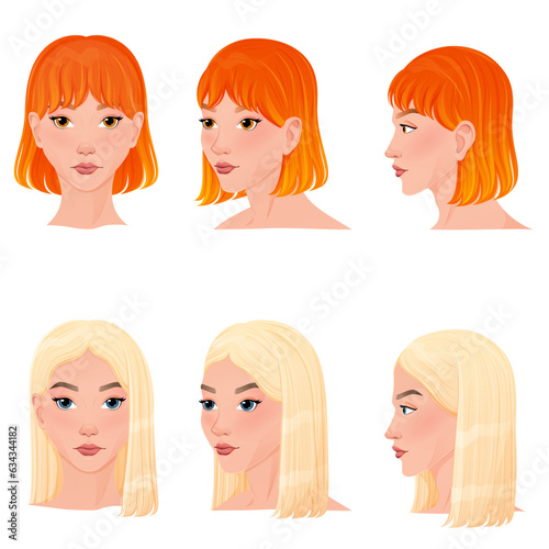 Set of hairstyles in three different angles. Different view front, profile, three-quarter of a girl face.