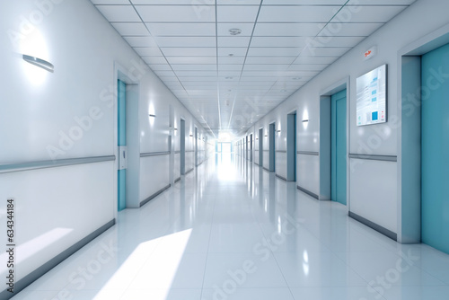 Hospital corridor, interior of modern hospital hallway, hygiene and hi-tech science lab, no people healthcare workplace background.