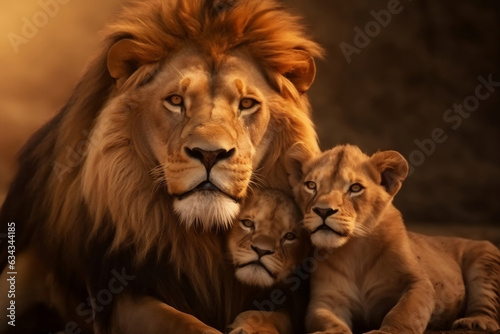 Lion and two lion cubs resting together in the evening, father and sons, protecting wildlife and biodiversity for a sustainable future concept.