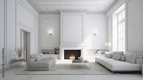 White living room interior design in luxurious modern classic contemporary style with floor-to-ceiling window, fireplace and sofa, no people.