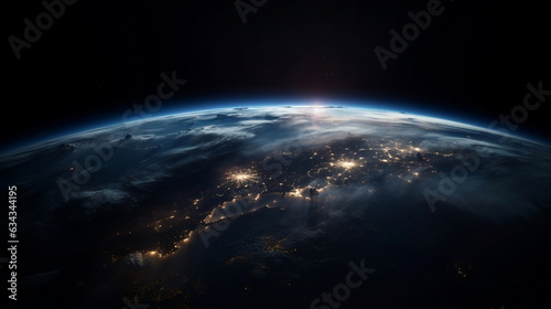 Planet earth at night with glowing light in the city view from outer space  world travel  exploration and global business concept illustration.