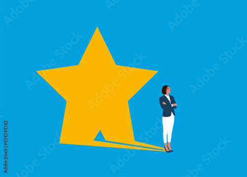 Businesswoman dreams of becoming a  star. Golden star business success award. Flat vector illustration