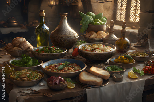 Mediterranean Kitchen. A variety of dishes on one table in a Middle-earth tavern