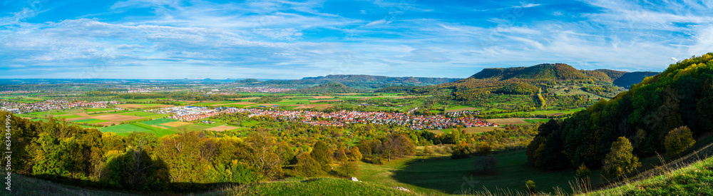 Germany, XXL Panorama view, swabian alb nature landscape, bissingen unter teck houses, sunny day autumn colorful, blue sky sun, breitenstein mountain