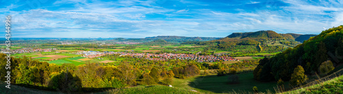 Obraz na płótnie Germany, XXL Panorama view, swabian alb nature landscape, bissingen unter teck houses, sunny day autumn colorful, blue sky sun, breitenstein mountain w salonie