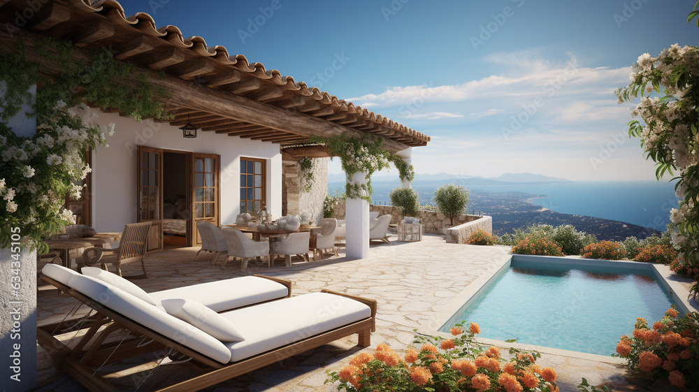 Traditional mediterranean Finca house with pool on hill with stunning sea view Summer vacation holiday background  - obrazy, fototapety, plakaty 