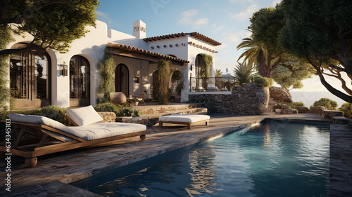 Traditional mediterranean Finca house with pool on hill with stunning sea view Summer vacation holiday background 
