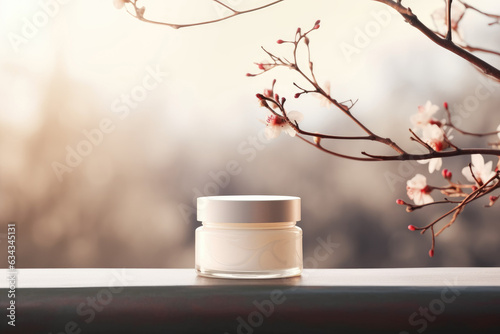 Blank glass cosmetic cream jar mockup. Standing outdoors on the wooden table. Skin care product presentation. Template with copy space for text