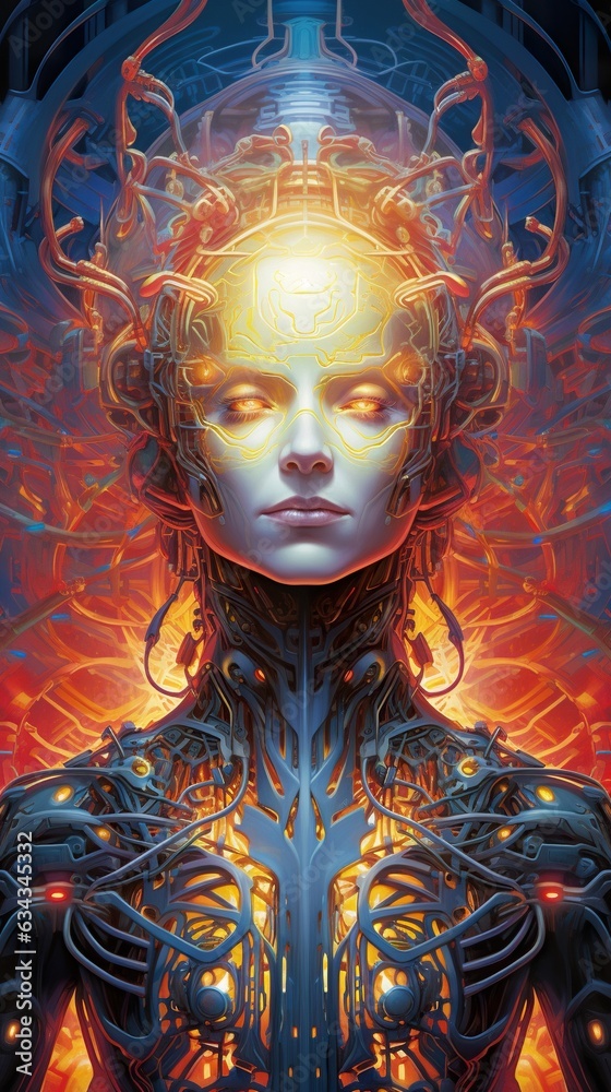 sci fi female head, symmetry patterns, in the style of detailed and intricate compositions, dark cyan and orange, crystalcore, neo-academism, generative ai