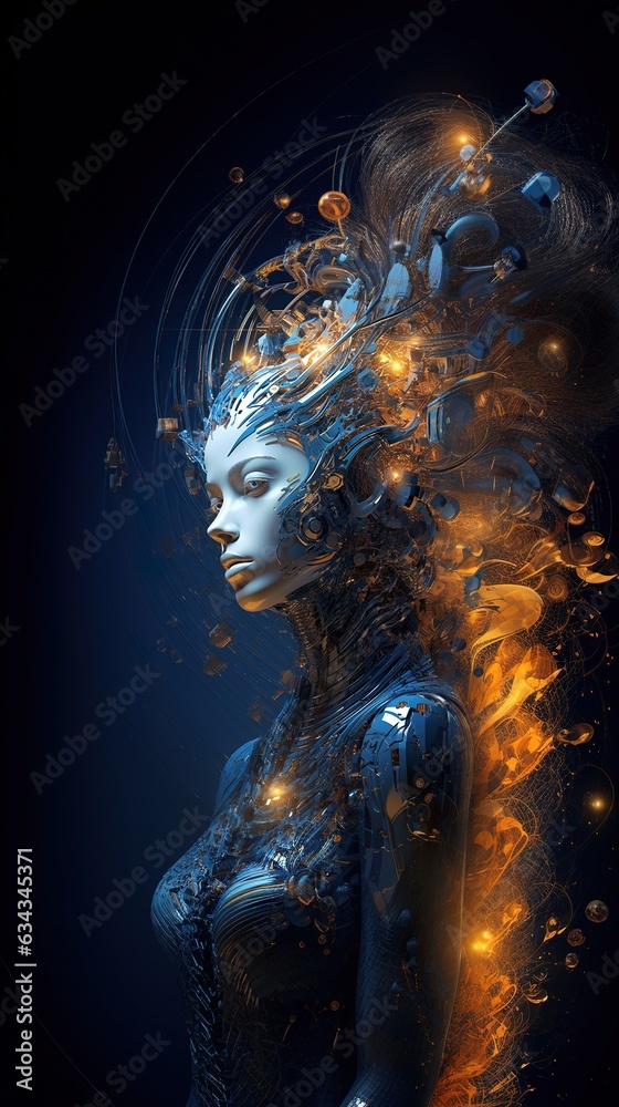 fantasy female concept, technology revolution and cyborg, in style of blue and orange, sci fi fiction, generative ai