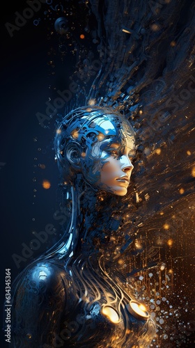 fantasy female concept, technology revolution and cyborg, in style of blue and orange, sci fi fiction, generative ai