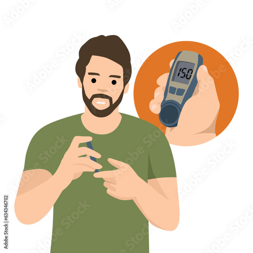 Diabetes control and healthcare concept. Cartoon character man using insulin pen with finger for blood state control vector illustration. Male character checking blood sugar level. Diabetes treatment.