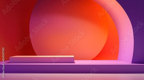 This vibrant and abstract screenshot captures a unique combination of art, design, and light, creating a stunning scene of a podium in a room with a colorful wall and a circular centerpiece photo