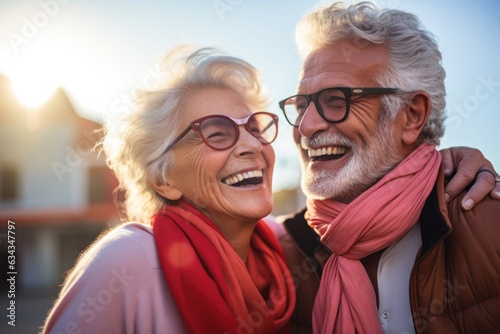 A man and woman, both wearing eyewear and clothing, stand outdoors beneath a clear sky, laughing with wide smiles that crinkle their eyes and evoke a sense of joy and togetherness