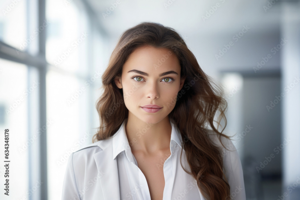portrait of a confident smiling business woman with brown hair on a bright blurred office background .