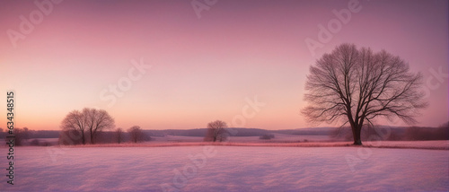 Winter wallpaper. A tree standing alone on a snowy field against a pink frosty sunset sky. Beautiful winter nature scene.