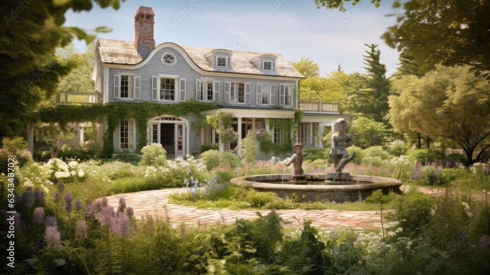 Φωτογραφία The exterior design of country home with garden and fountain