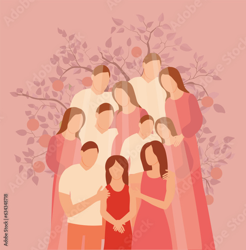 The connection of generations, genus. Poster vector illustration. family ties, support and love. Daughter, mother, sister, grandmother, father, grandfather, great grandfather, great grandmother.