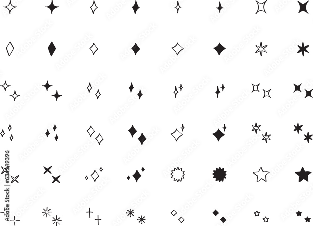手書きのベクターのキラキラ・星セット　かわいい　白黒　黒　Hand drawn vector shining set.　Hand drawn cute  black star collection.