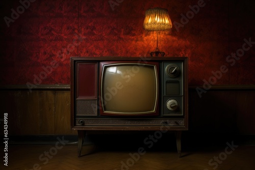 A vintage television on a wooden stand in a room with a red wall.
