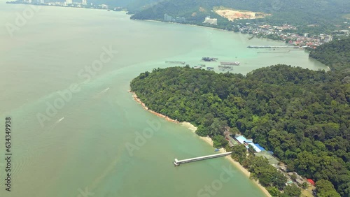 Aerial views of boats and beach off the coast of Penang Malaysia