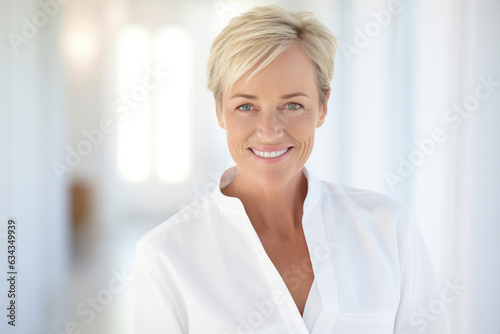 portrait of a confident smiling mature business woman with gray hair and white clothes on a bright office background
