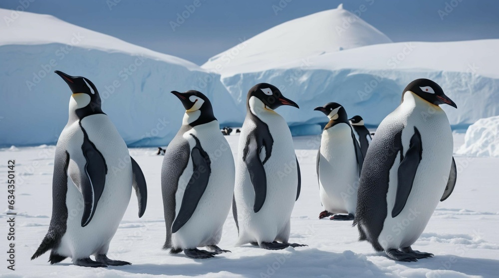 Obraz premium a group of penguins standing in the snow