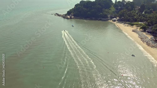 Aerial views of boats and beach off the coast of Penang Malaysia