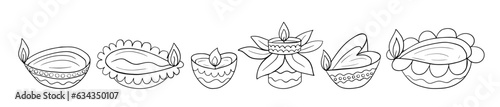 Diwali different shapes diya set. Hand drawn Diwali lamps deepak vector doodle set 