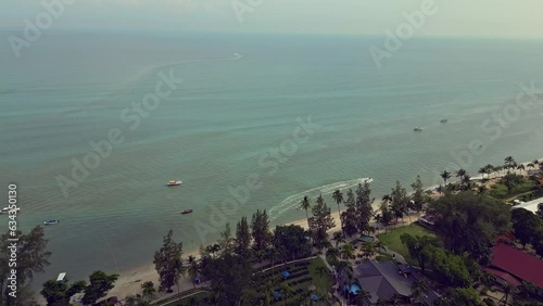 Aerial views of boats and beach off the coast of Penang Malaysia