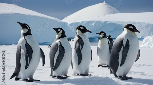 a group of penguins standing in the snow