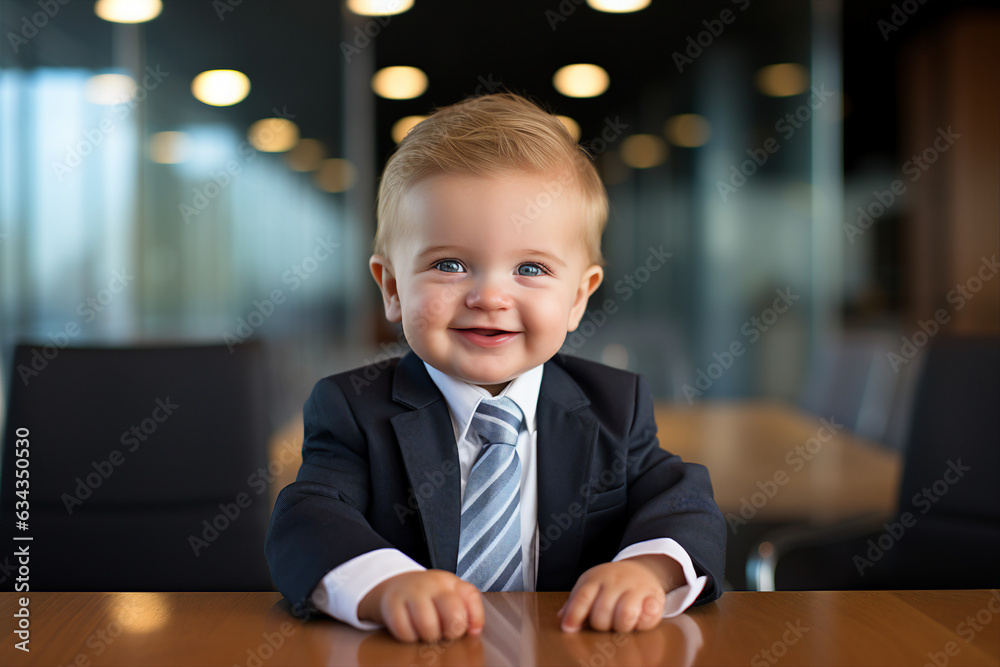 © Tetiana - Picture made with generative ai cute business baby boy in suit working in office joyfully smiling