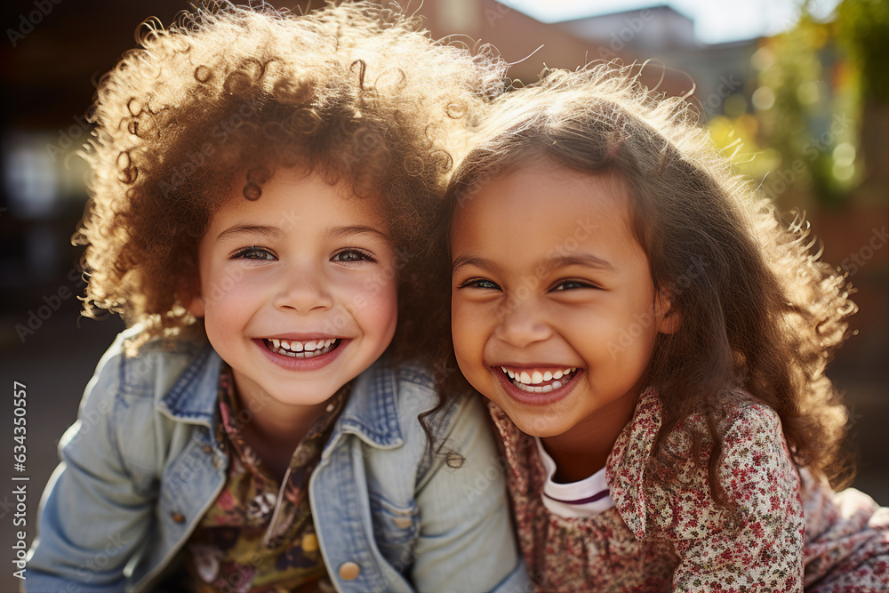 Generative ai image collage of two kids best friends hug embrace outside Generative ai image collage of two kids best friends hug embrace outside